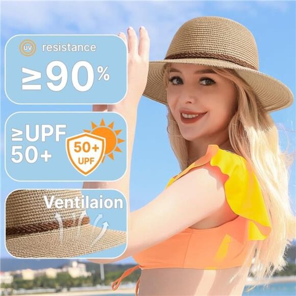 Women's Beach‎ Straw Hat - UPF 50+ UV Protection, Wide Brim, Foldable & Packable - Picture 2 of 7